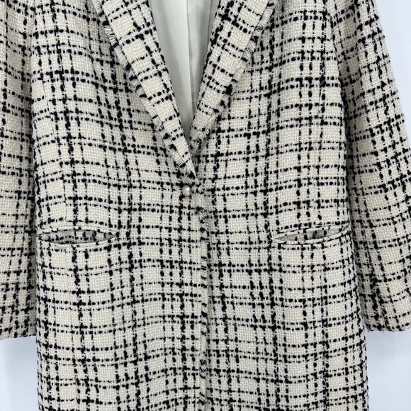 Talbots Women's Wool Plaid Tweed Blazer Jacket Size 10 Cream Black Fringe Trim - Picture 6 of 11